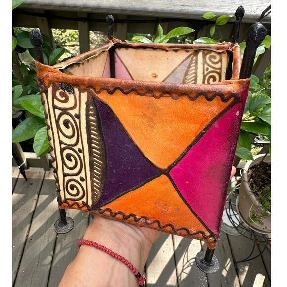 Candle holder Vintage Stretched Skin Square Painted ethnic tribal metal pink 7” - Picture 2 of 14